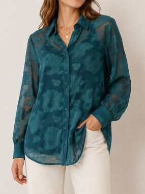 Cleo Petites NWT Teal Sheer Floral Jacquard Button Front Blouse SP